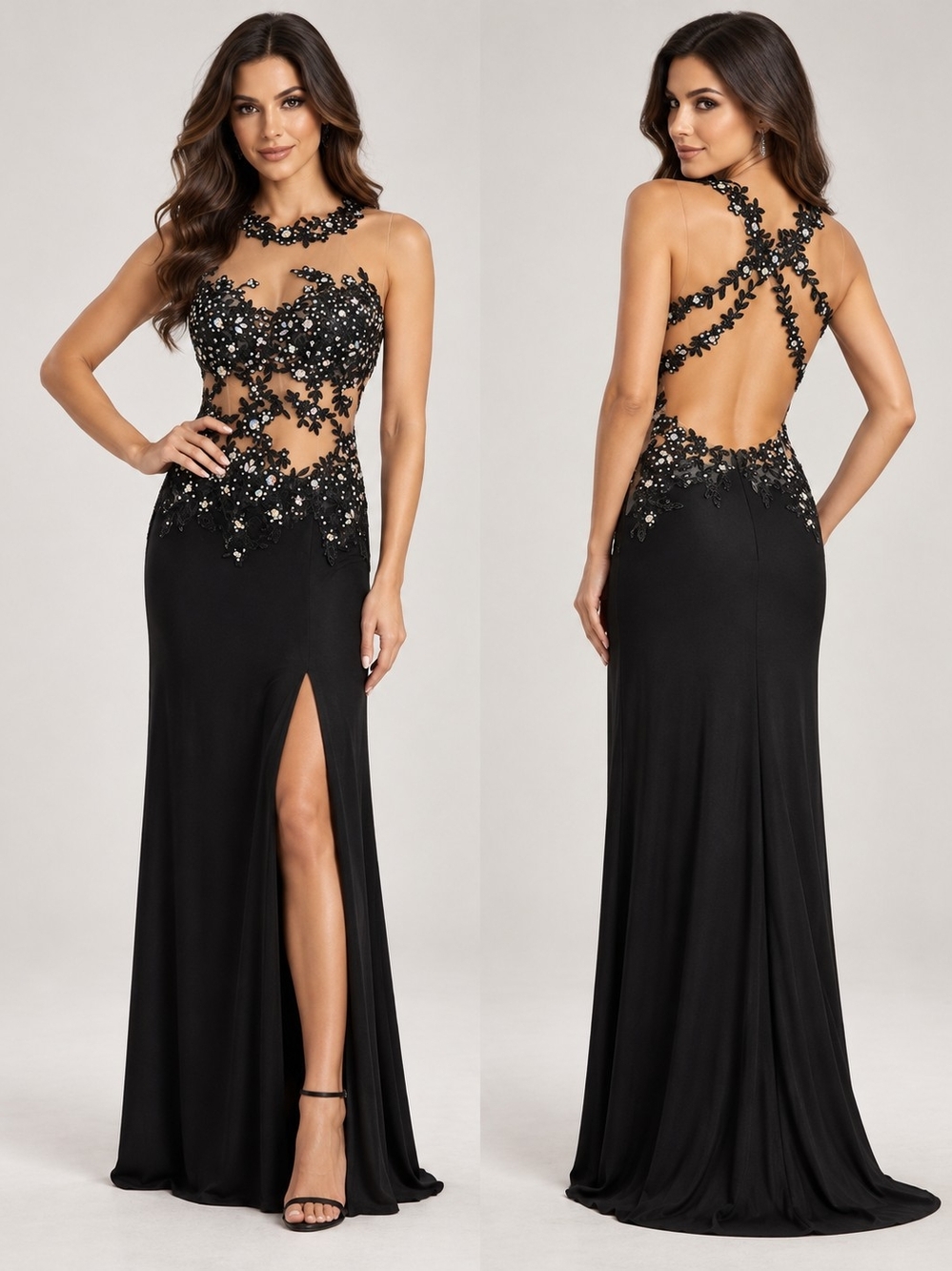Elegant Black Appliqué Illusion Prom Gown